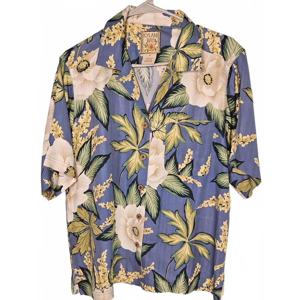 Kylani Bay Men's Blue Silk Hawaiian‎ Shirt with Floral Print Size Medium